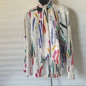 Anne Klein White on White Blouse Color Streaks Size 8